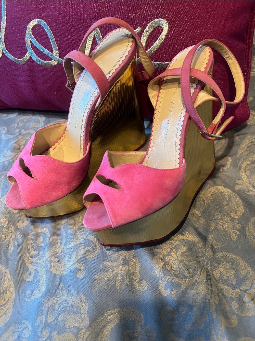 Charlotte Olympia Fuchsia and Metallic Gold Wedges